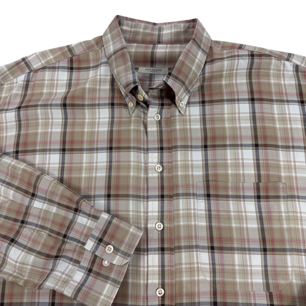 Burberry London Shirt Mens 2XLT Tall Beige Plaid Cotton Button Down USA Made